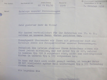 1958 Mercedes Benz Daimler Letter Letterhead Document - German Text 