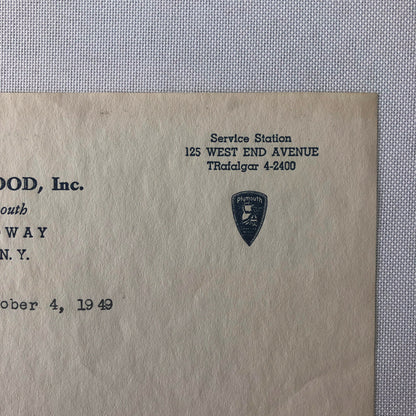 1949 Chrysler Plymouth Dealership Letter Turnure & Blood New York Letterhead