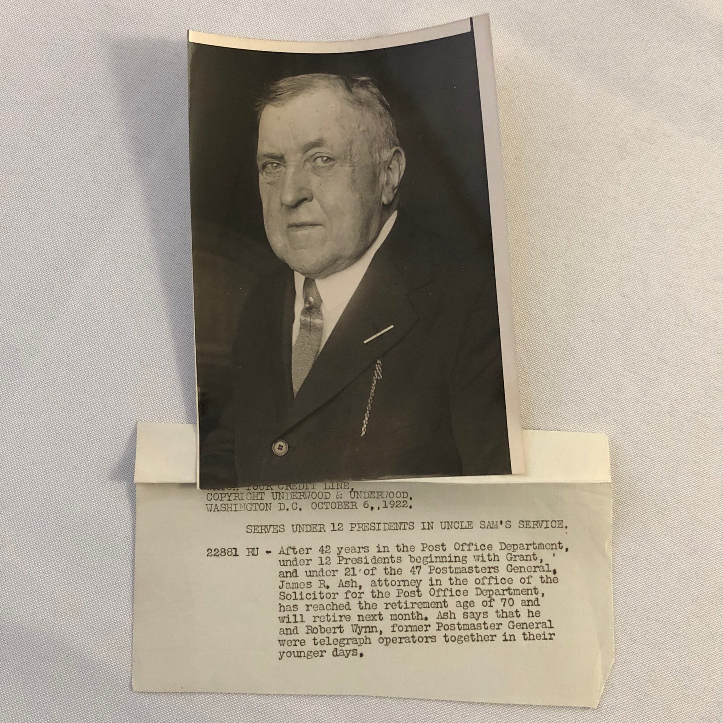 Press Photograph Photo Post Office Department Attorney Retires James R Ash