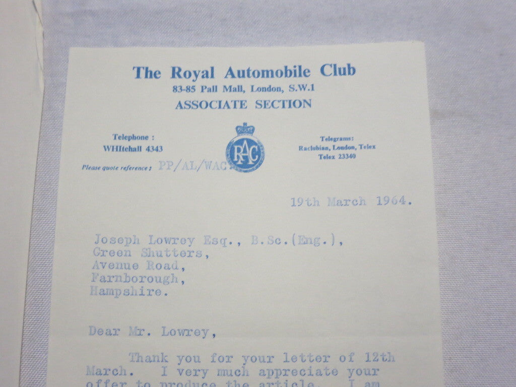 1964 Royal Automobile Club Letter Letterhead to Joseph Lowrey Journalist RAC 
