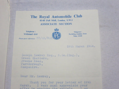 1964 Royal Automobile Club Letter Letterhead to Joseph Lowrey Journalist RAC 