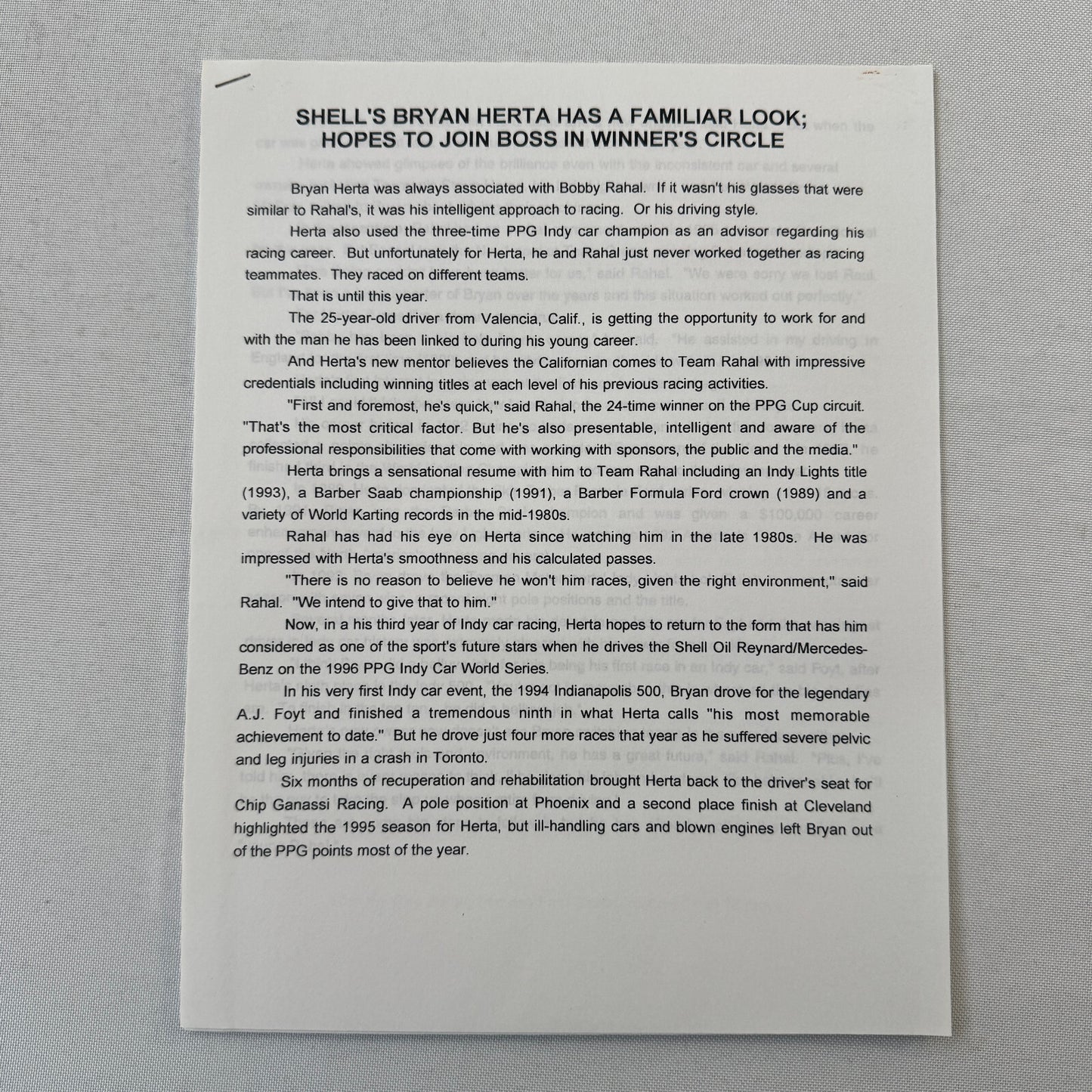 1996 PPG Indy Car Racing Shell Team Bobby Rahal Bryan Herta Press Kit Brochure