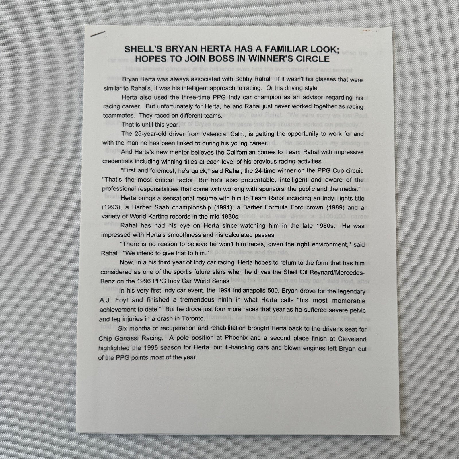 1996 PPG Indy Car Racing Shell Team Bobby Rahal Bryan Herta Press Kit Brochure