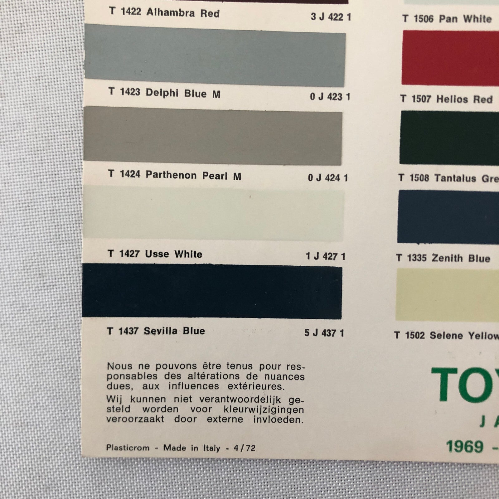 1969 1970 1971 Toyota Car Paint Chip Color Sample Sheet Valentine