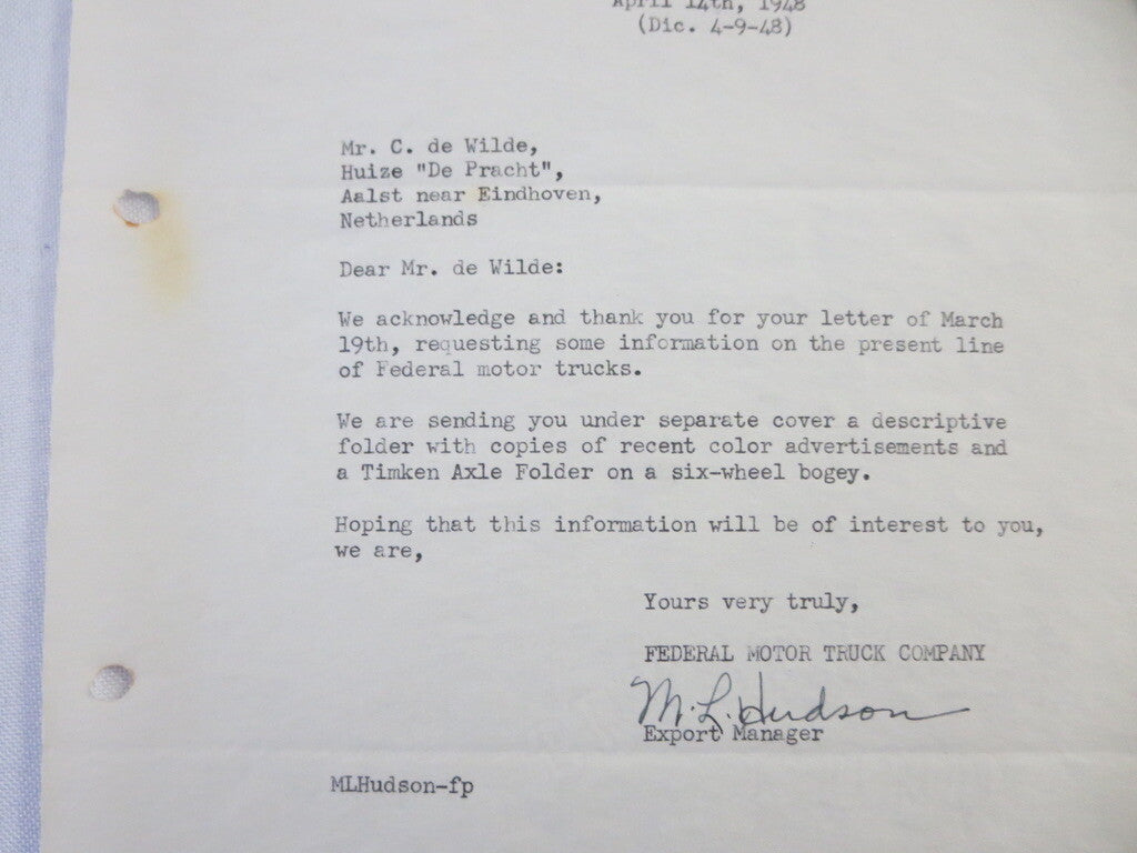 1948 Federal Motor Truck Company Letter Letterhead 