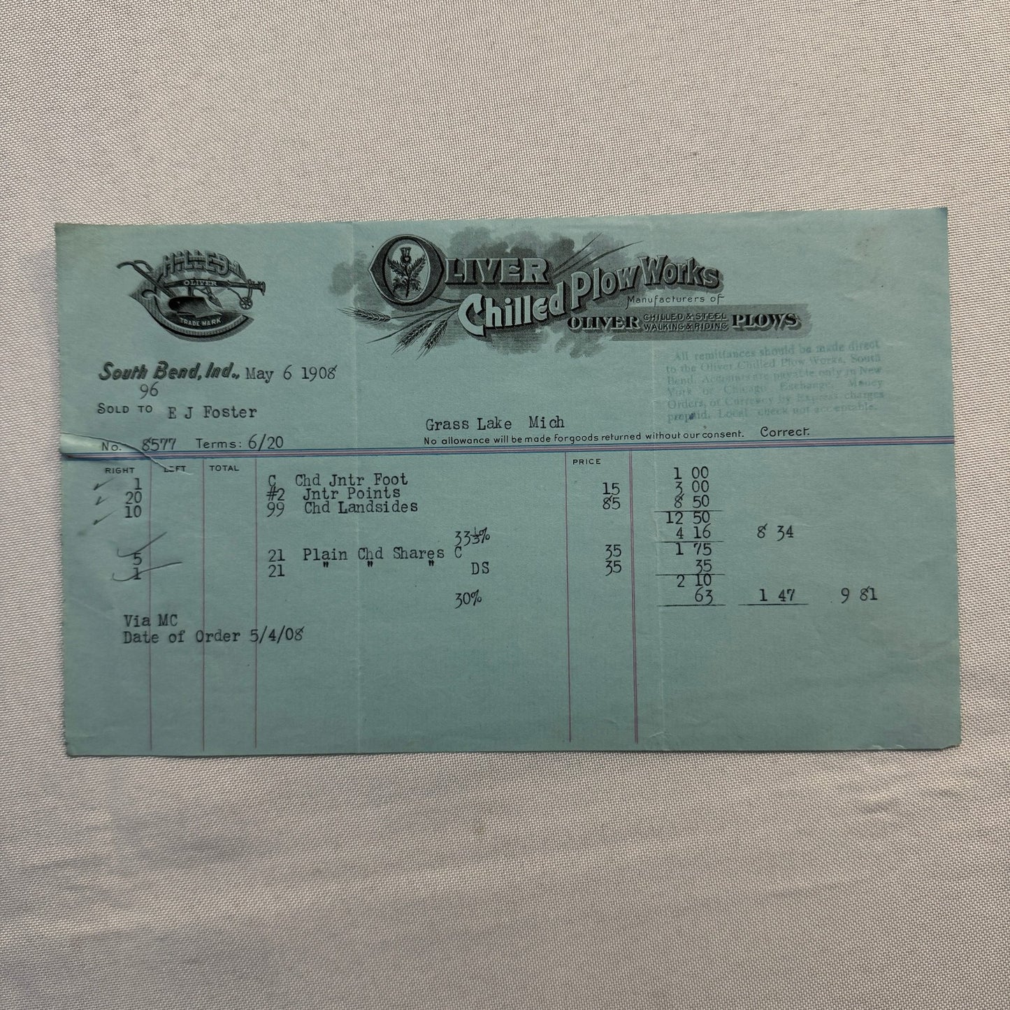 Oliver Chilled Plow Works Indiana Michigan Receipt Letterhead Document Lot 1908