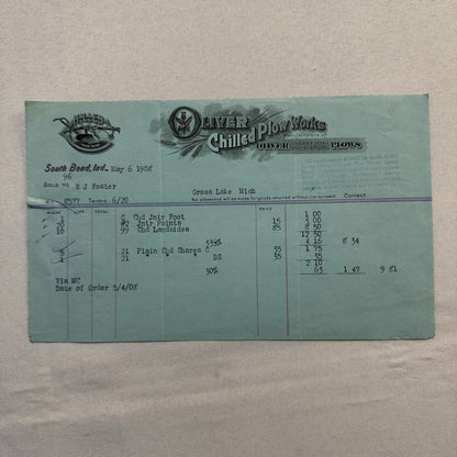 Oliver Chilled Plow Works Indiana Michigan Receipt Letterhead Document Lot 1908