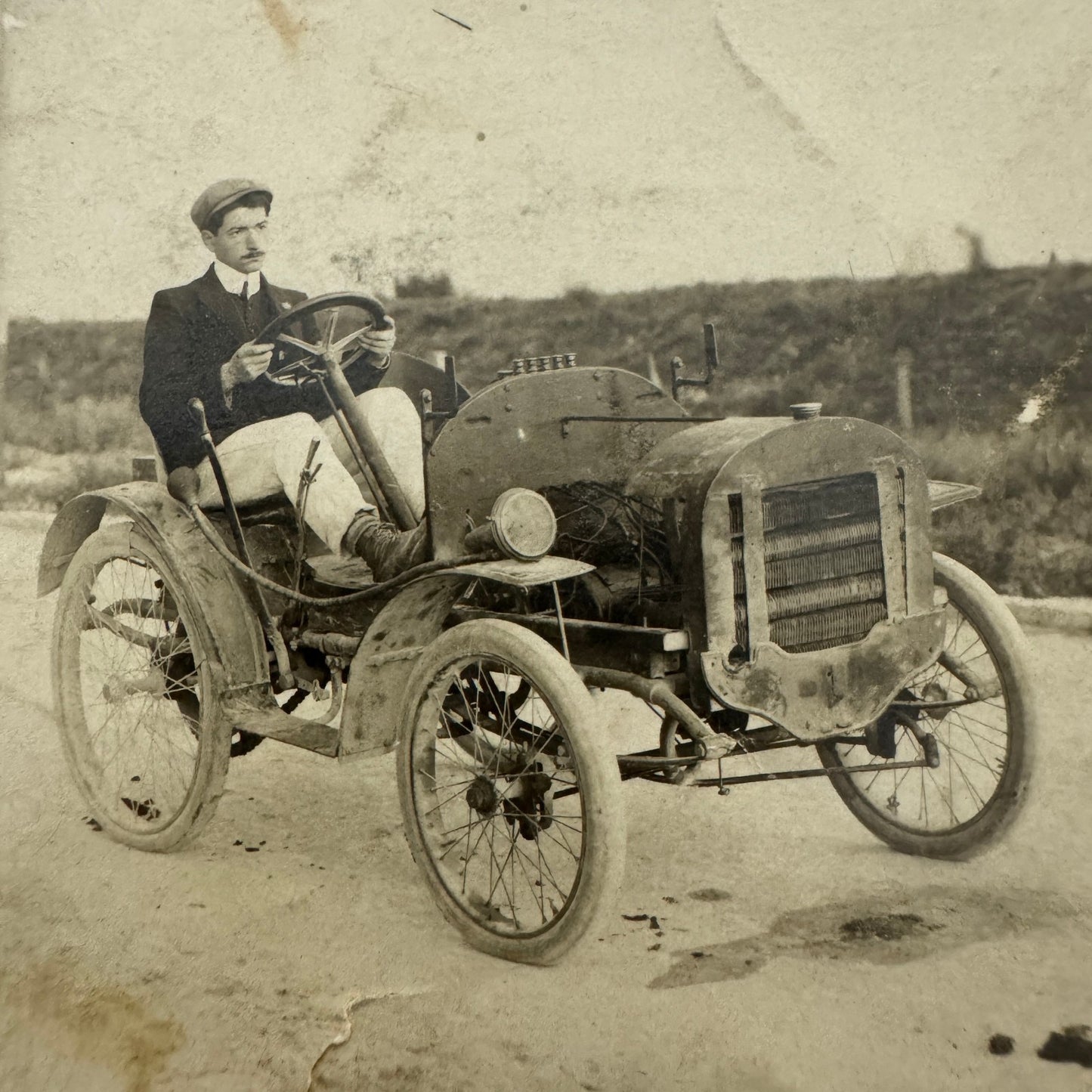 Vintage Real Photo Postcard RPPC Man with Early Automobile Car Vehicle French