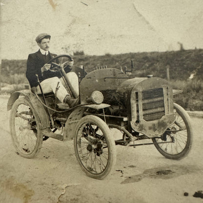 Vintage Real Photo Postcard RPPC Man with Early Automobile Car Vehicle French