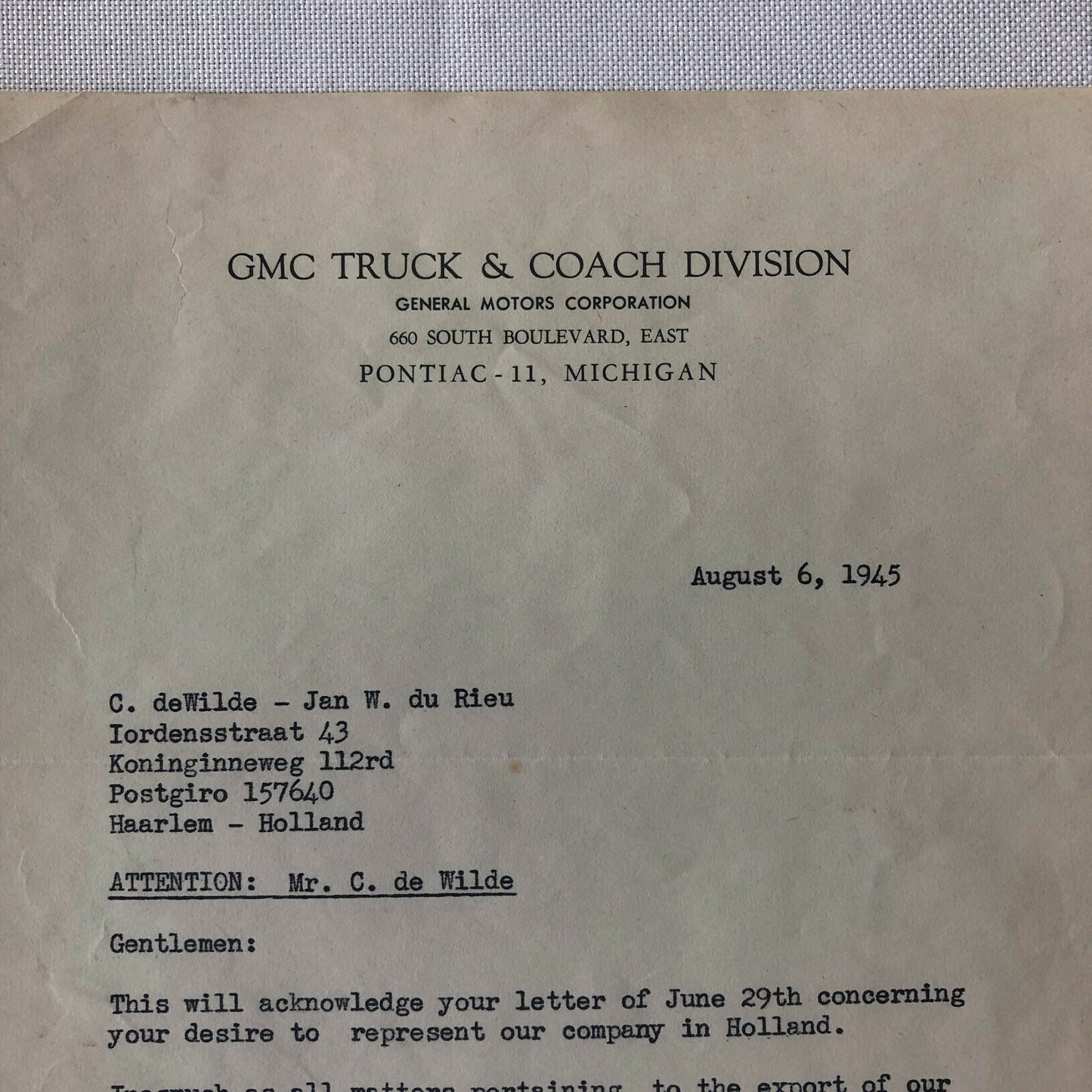 1945 - 1946 GMC Truck and Coach Letter Letterhead Document 