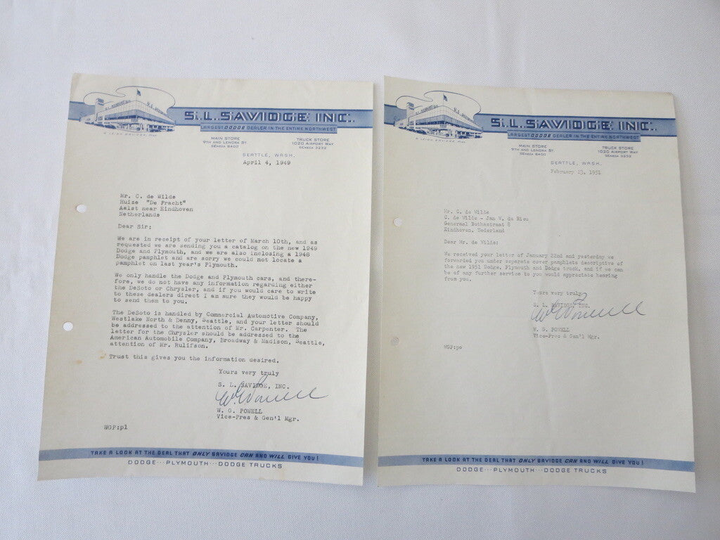 1949 1951 Dodge Plymouth Dealership Letter S.L. Savidge Motors Letterhead