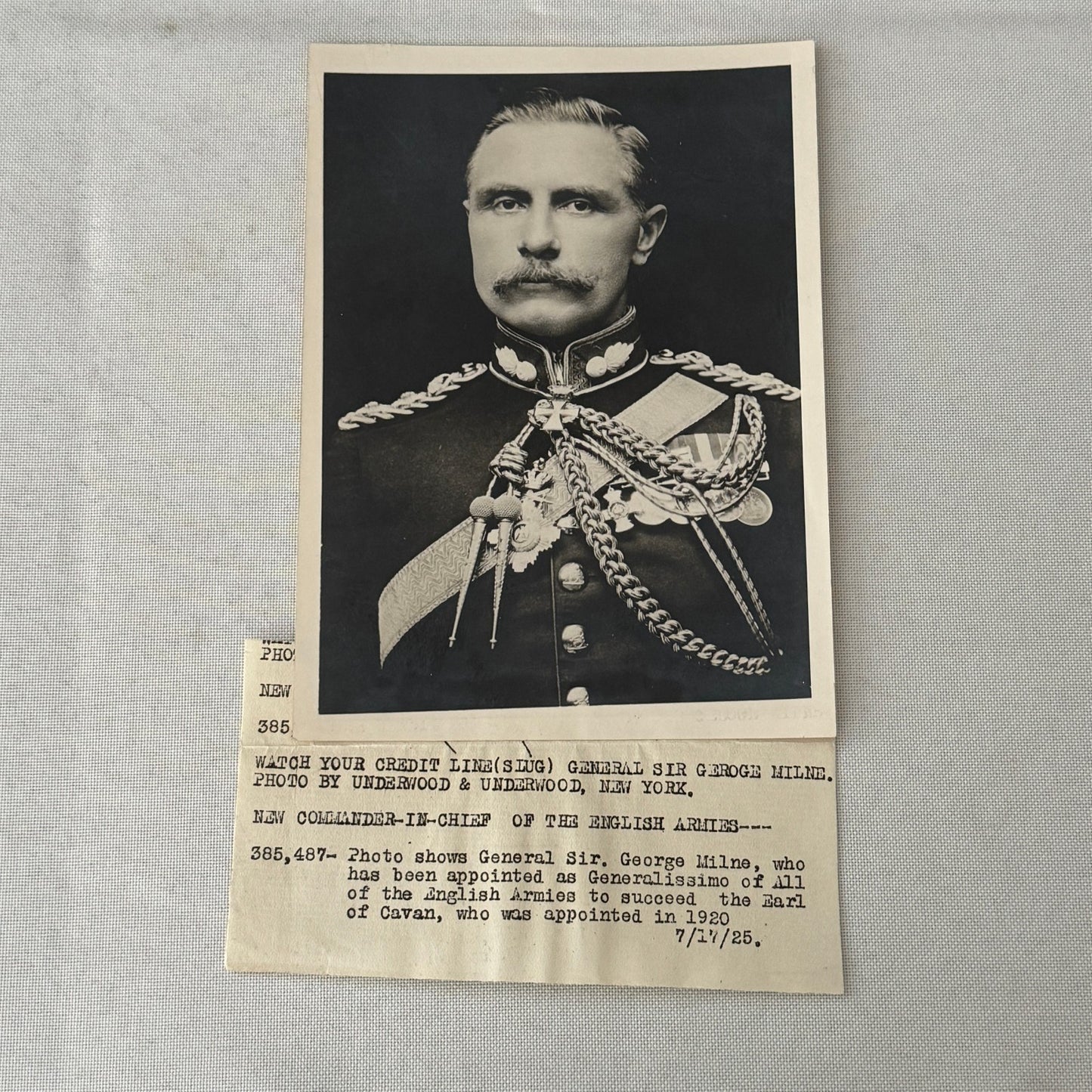 Vintage Press Photo Photograph Portrait General Sir George Milne 1925 British