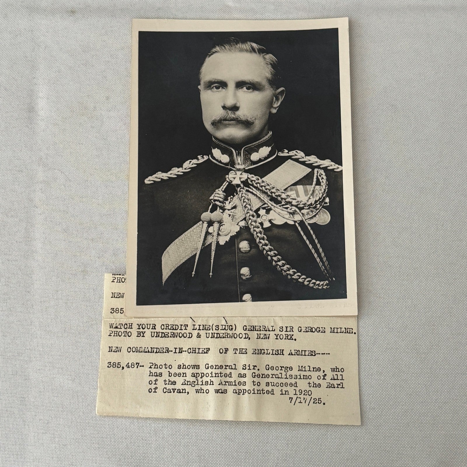 Vintage Press Photo Photograph Portrait General Sir George Milne 1925 British
