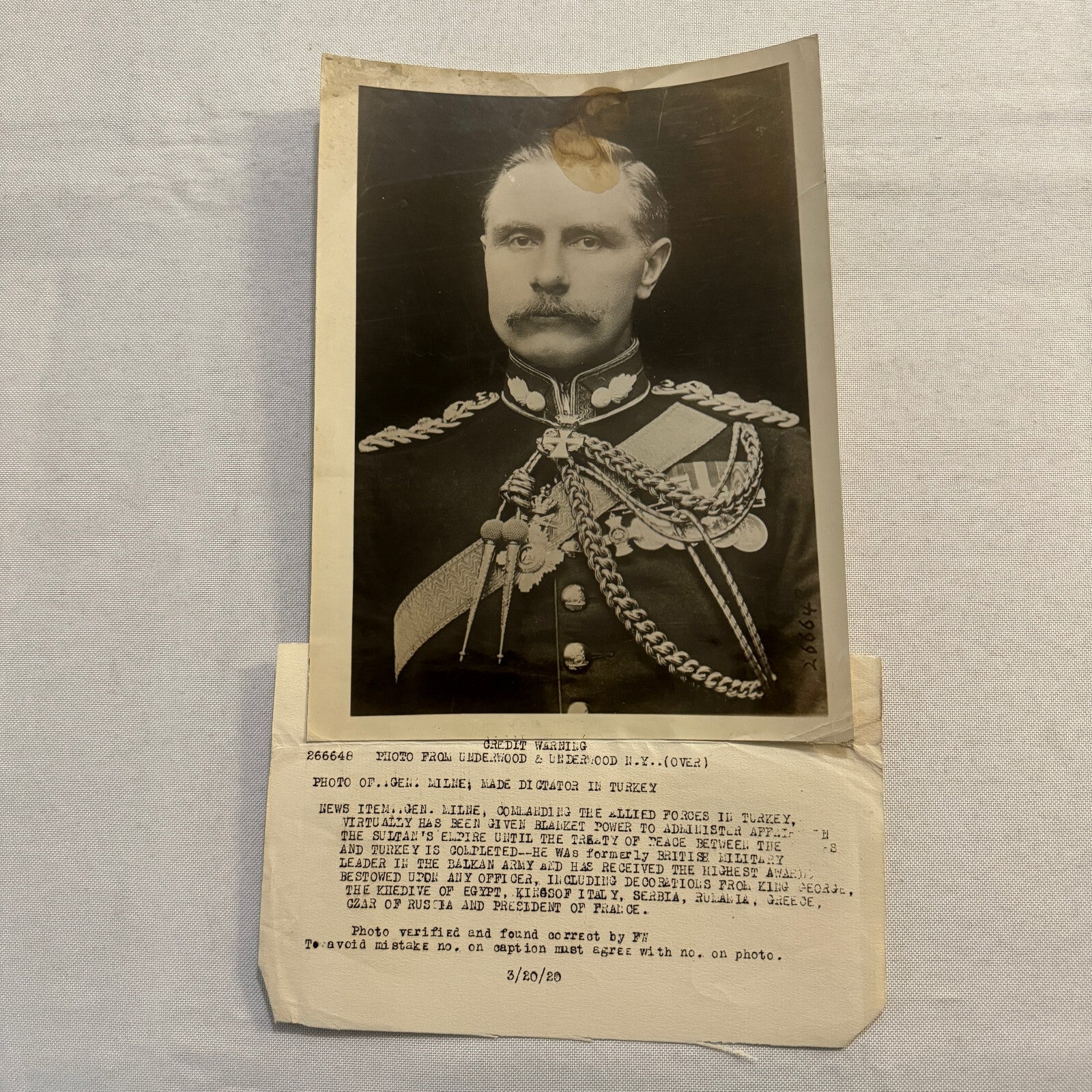 1920 General George Milne Dictator in Turkey Turkiye Turkish Press Photo Vintage