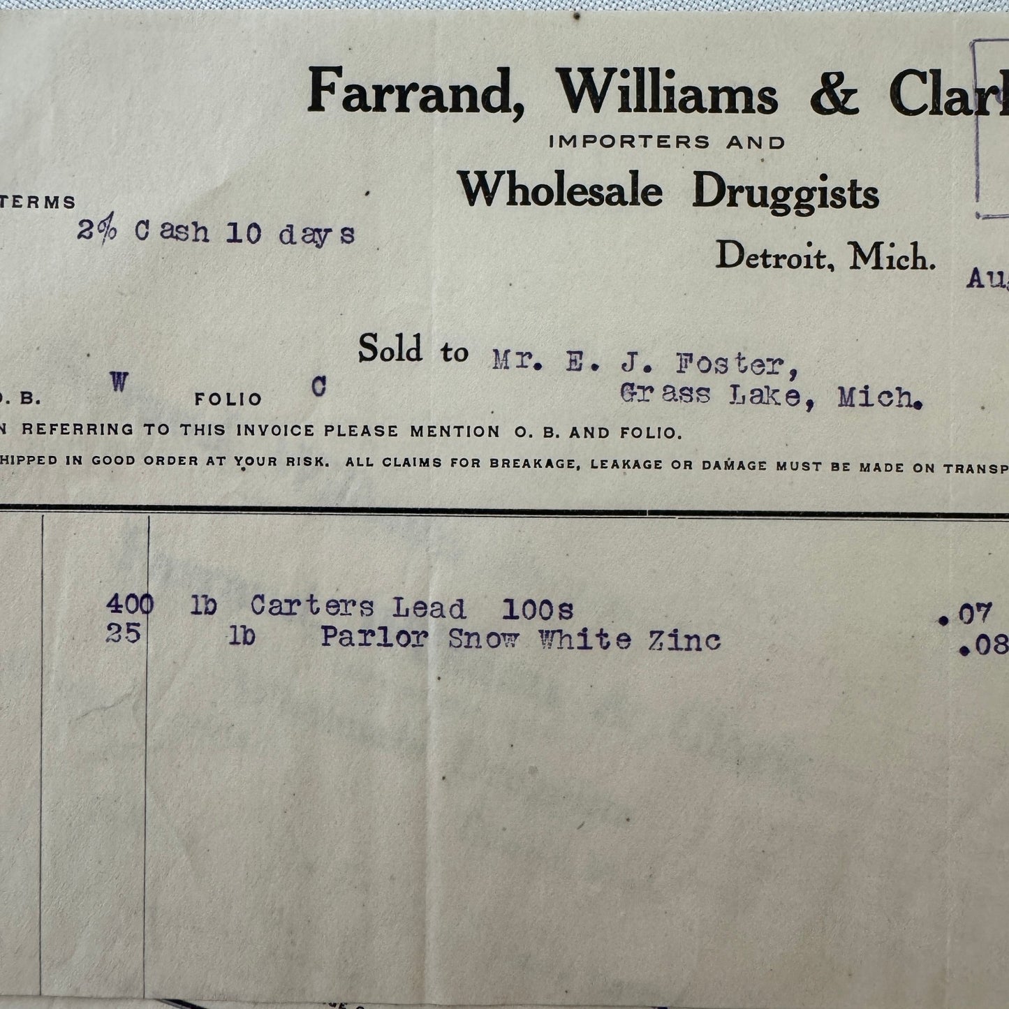 Farrand Williams and Clark Wholesale Druggists Detroit 1908 Invoice Receipt Lot