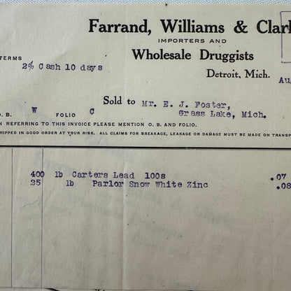 Farrand Williams and Clark Wholesale Druggists Detroit 1908 Invoice Receipt Lot