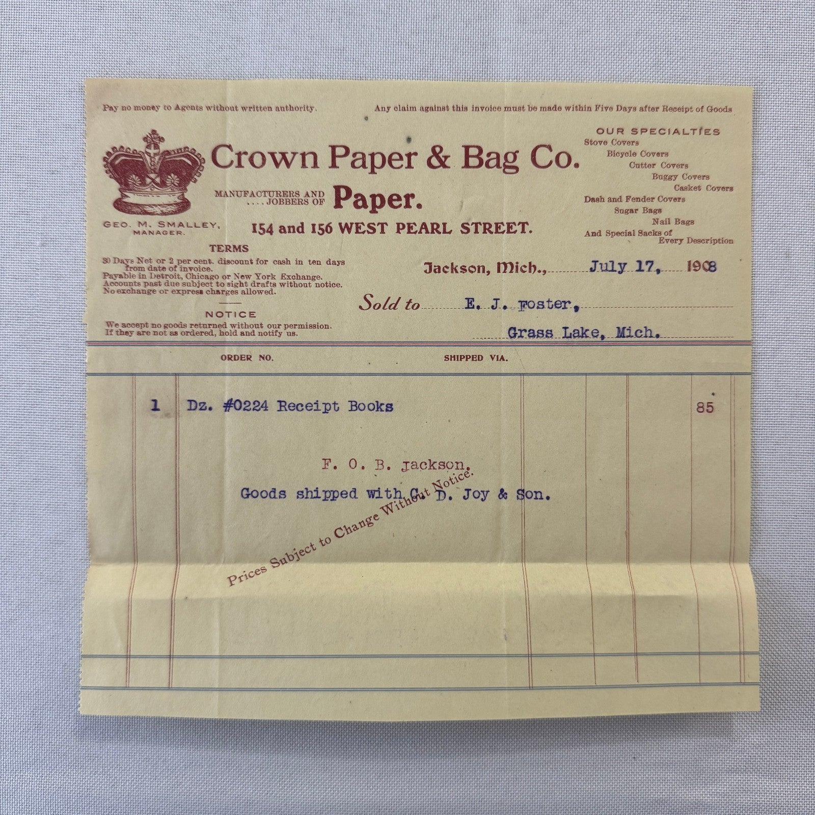 Crown Paper & Bag Company Jackson Michigan 1908 Receipt Invoice Document Lot 5x