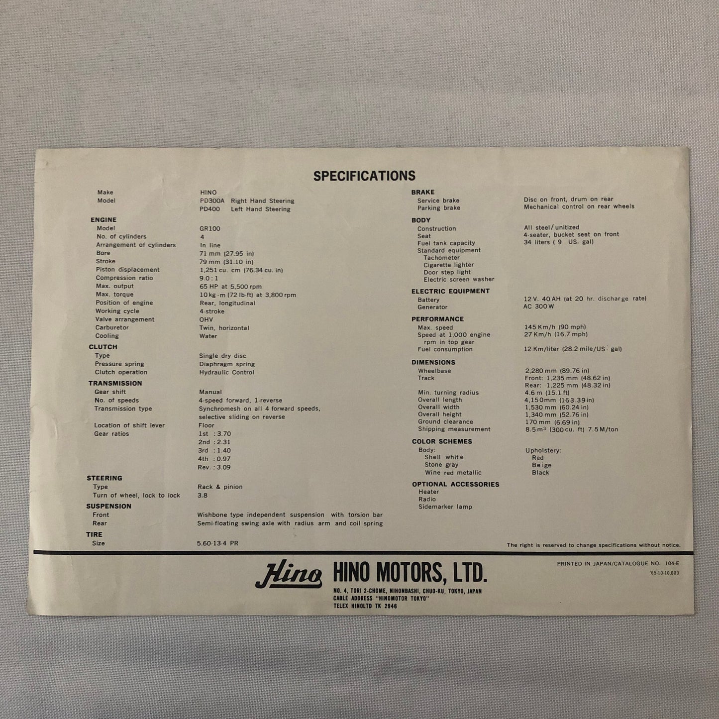 Hino Contessa 1300 Coupe Sales Sheet Brochure Vintage Car