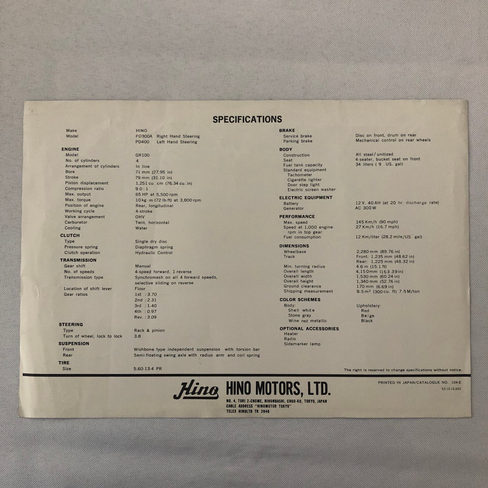 Hino Contessa 1300 Coupe Sales Sheet Brochure Vintage Car