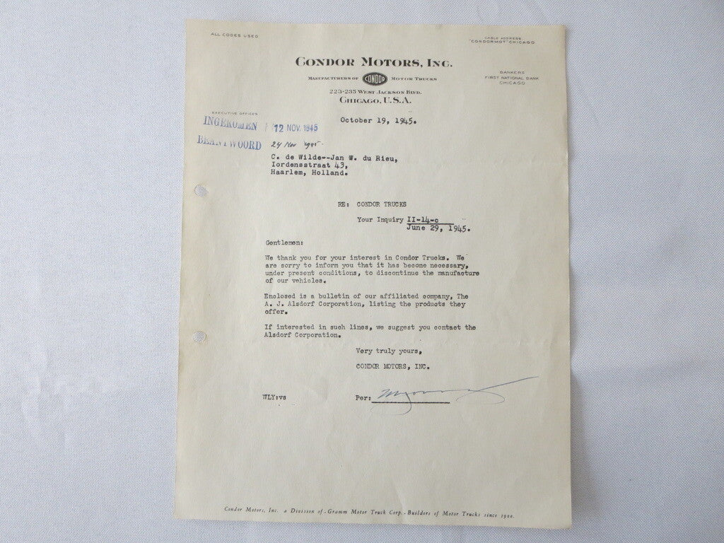 1945 Condor Motors Letter Dealership Truck Company Letterhead Document