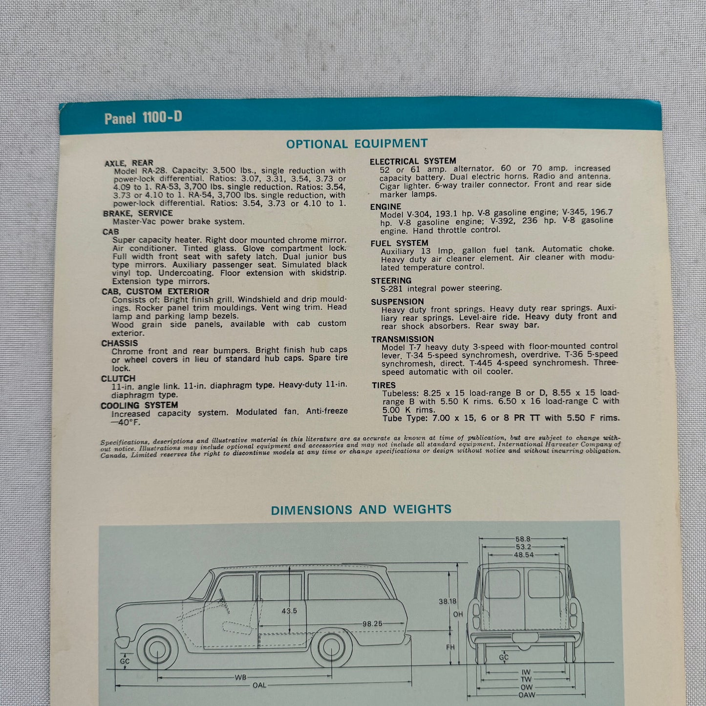 International Panel 1100-D Truck Sales Sheet Brochure Advertising 1100 D