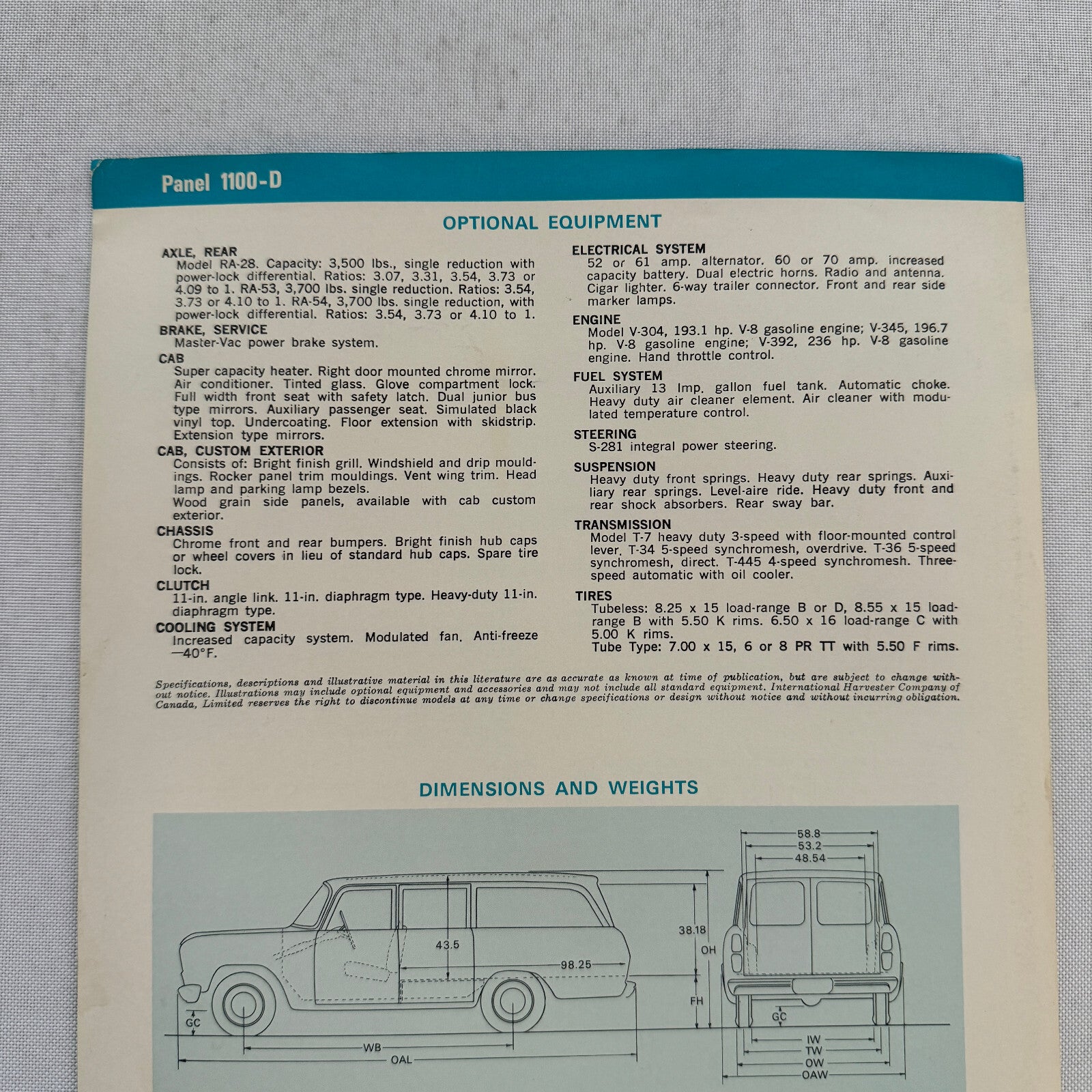 International Panel 1100-D Truck Sales Sheet Brochure Advertising 1100 D