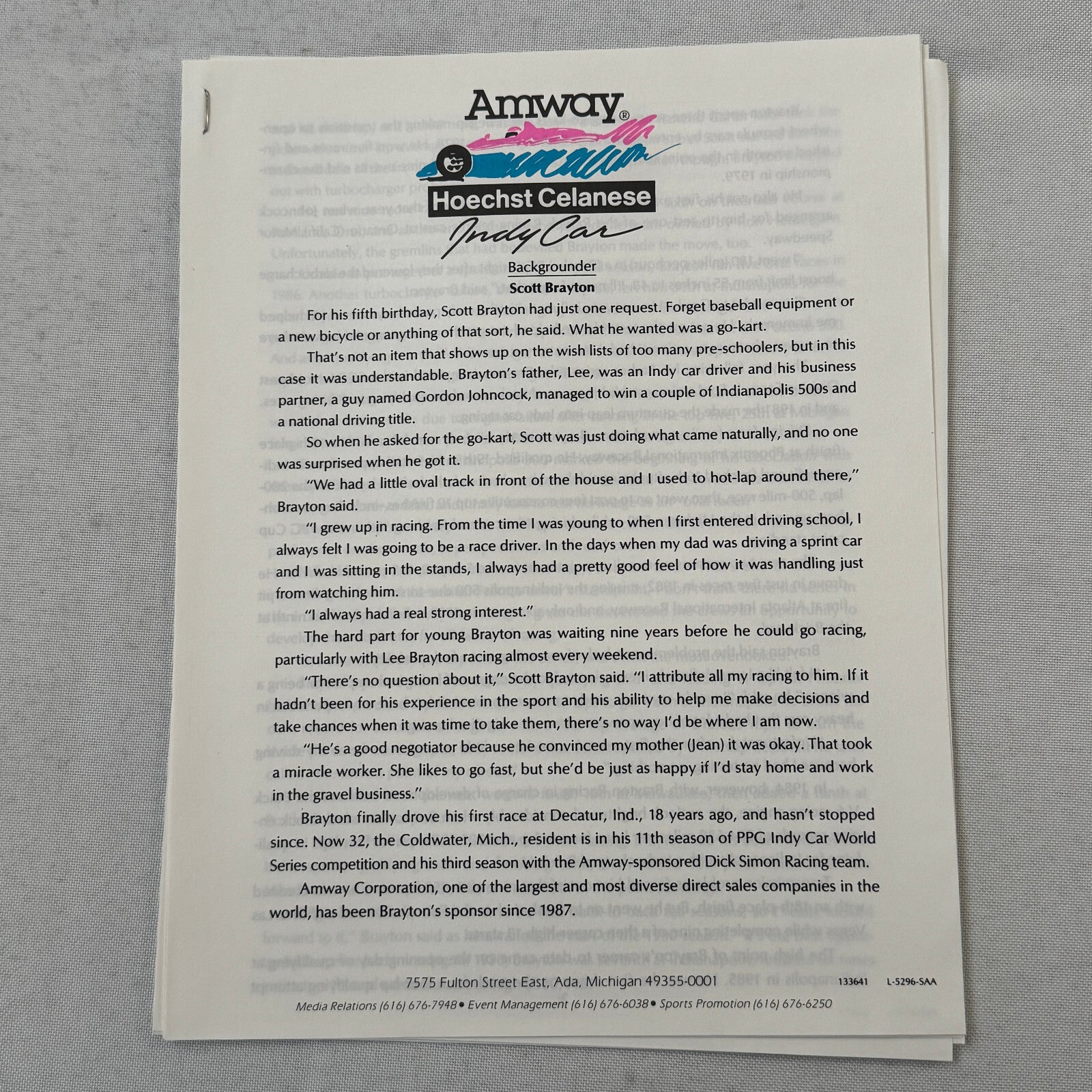 1991 Amway Indy Car Racing Press Kit Brochure Vintage Scott Brayton Driver
