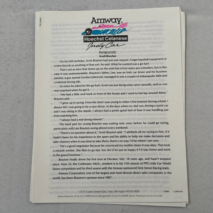 1991 Amway Indy Car Racing Press Kit Brochure Vintage Scott Brayton Driver