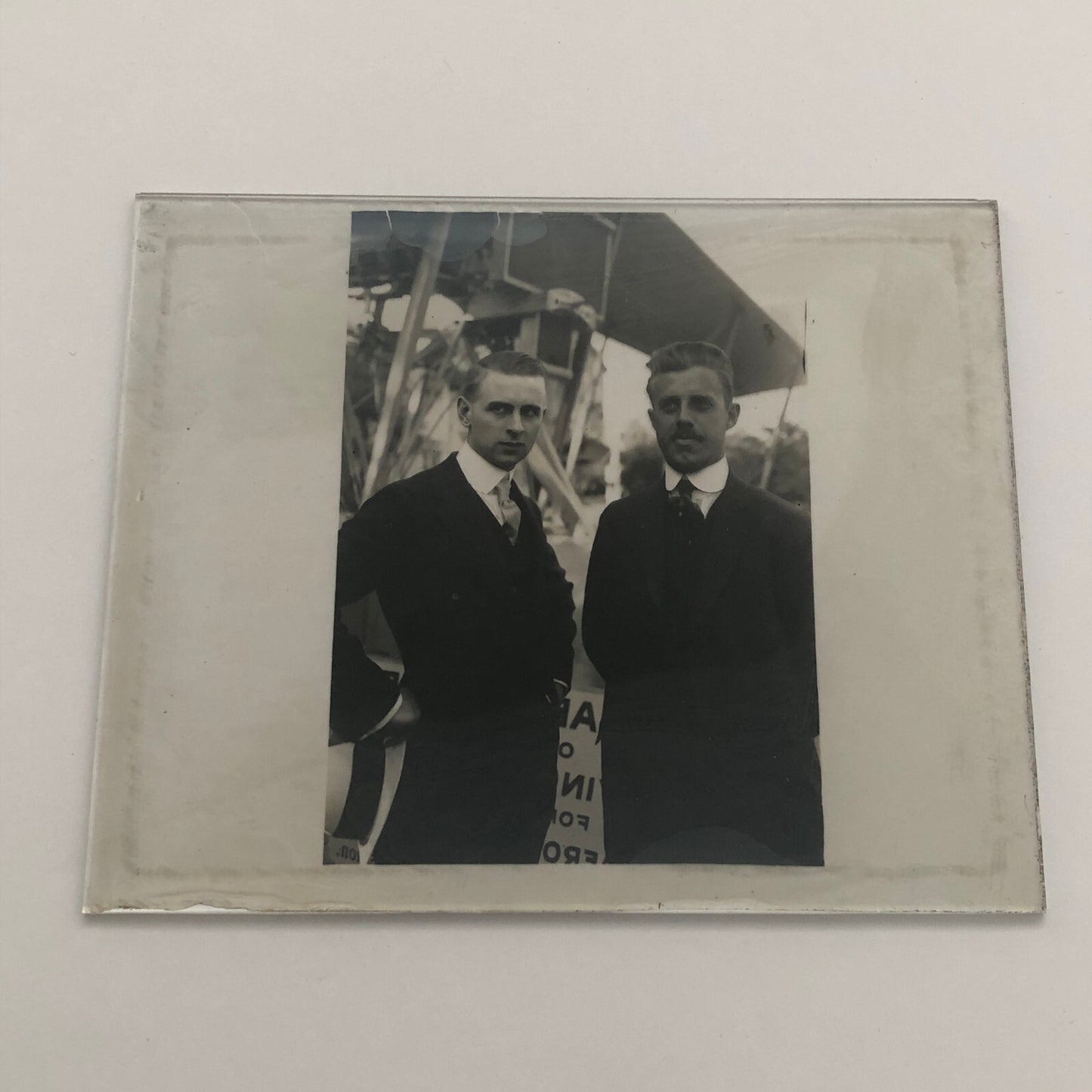 Antique Glass Plate Lantern Slide Men Flying Boat Airplane Aircraft Aviator