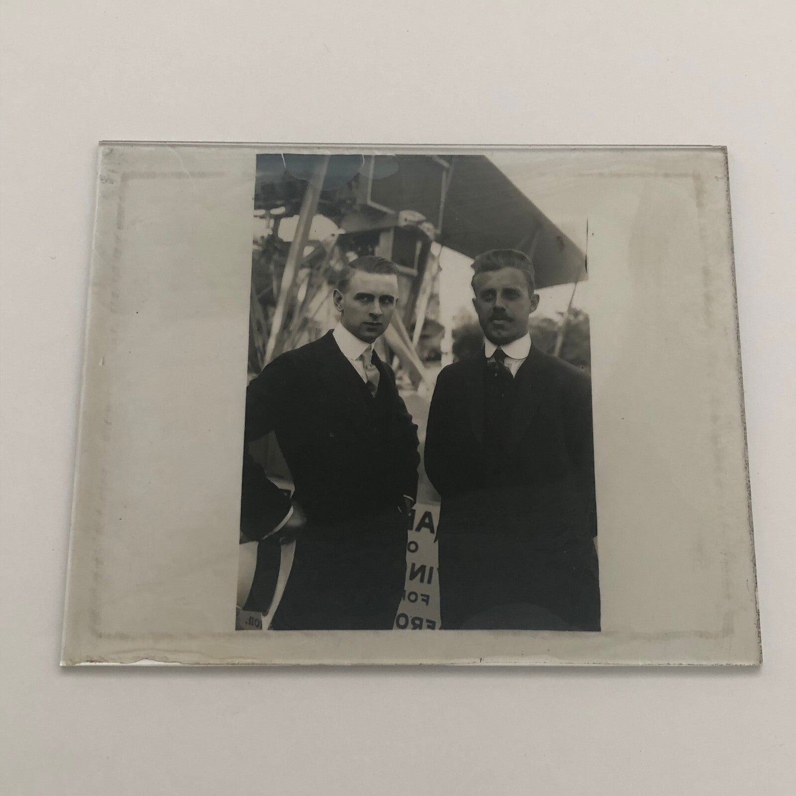 Antique Glass Plate Lantern Slide Men Flying Boat Airplane Aircraft Aviator