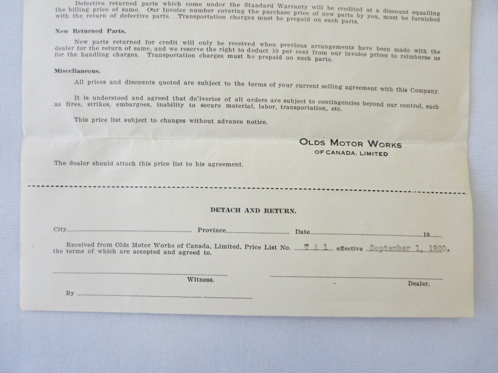 1920 Oldsmobile Economy Truck Factory Pricing Document Letterhead 