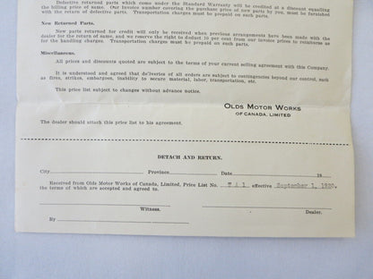 1920 Oldsmobile Economy Truck Factory Pricing Document Letterhead 
