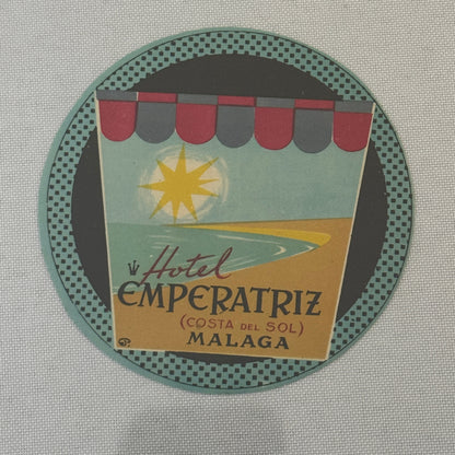 Vintage Hotel Travel Luggage Label Malaga Spain Espana Hotel Emperatriz