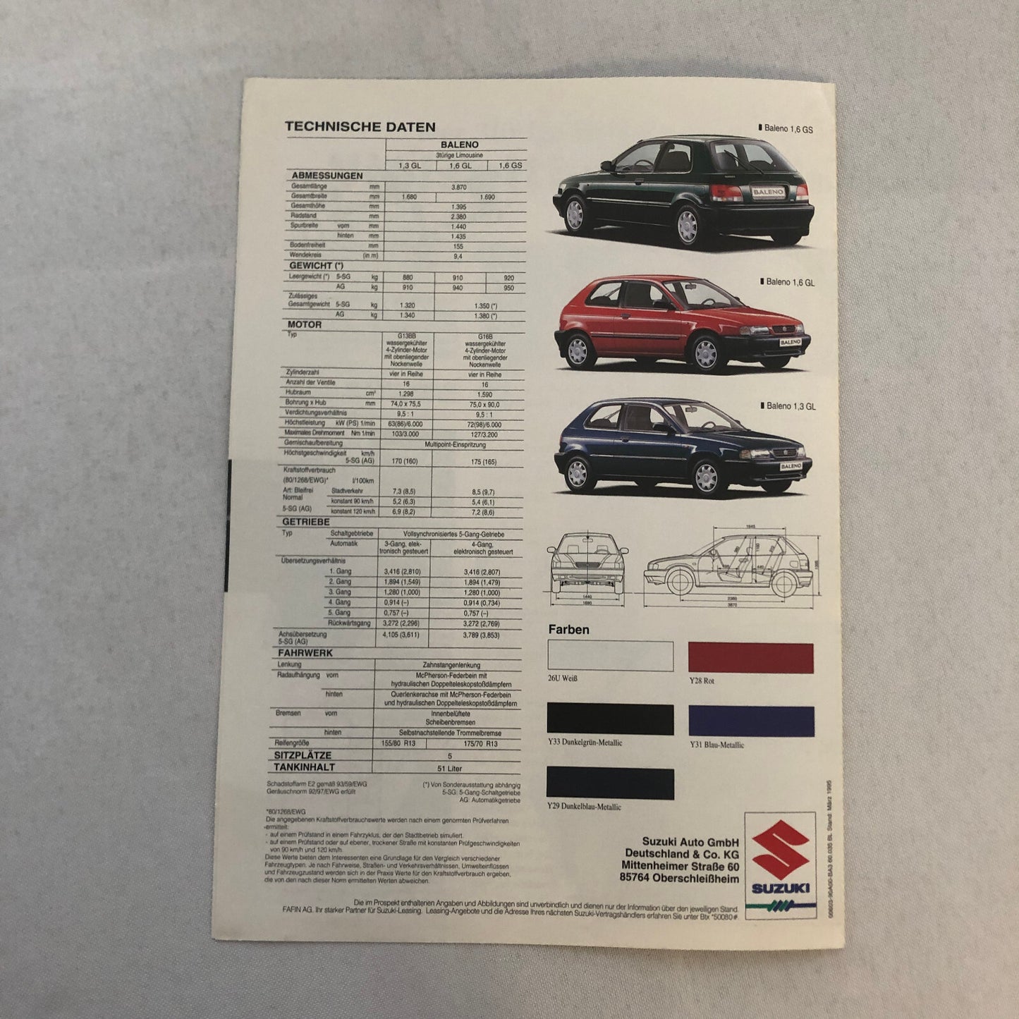 Suzuki Baleno Hatchback Car Sales Brochure Catalog 1.3 1.6 GL GS GERMAN TEXT