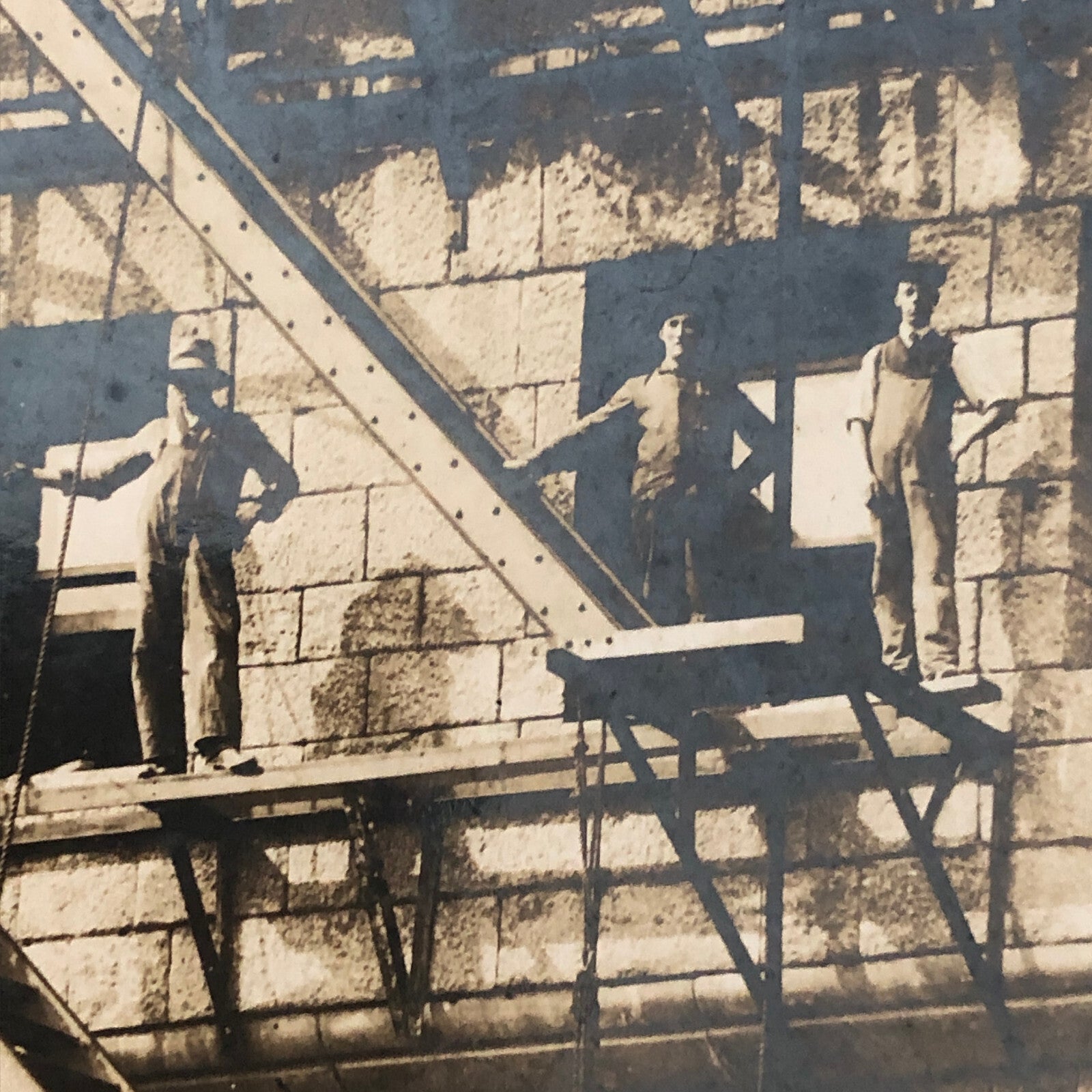 Vintage Building Photo Photograph Print Men on Fire Escape Antique Montreal ?