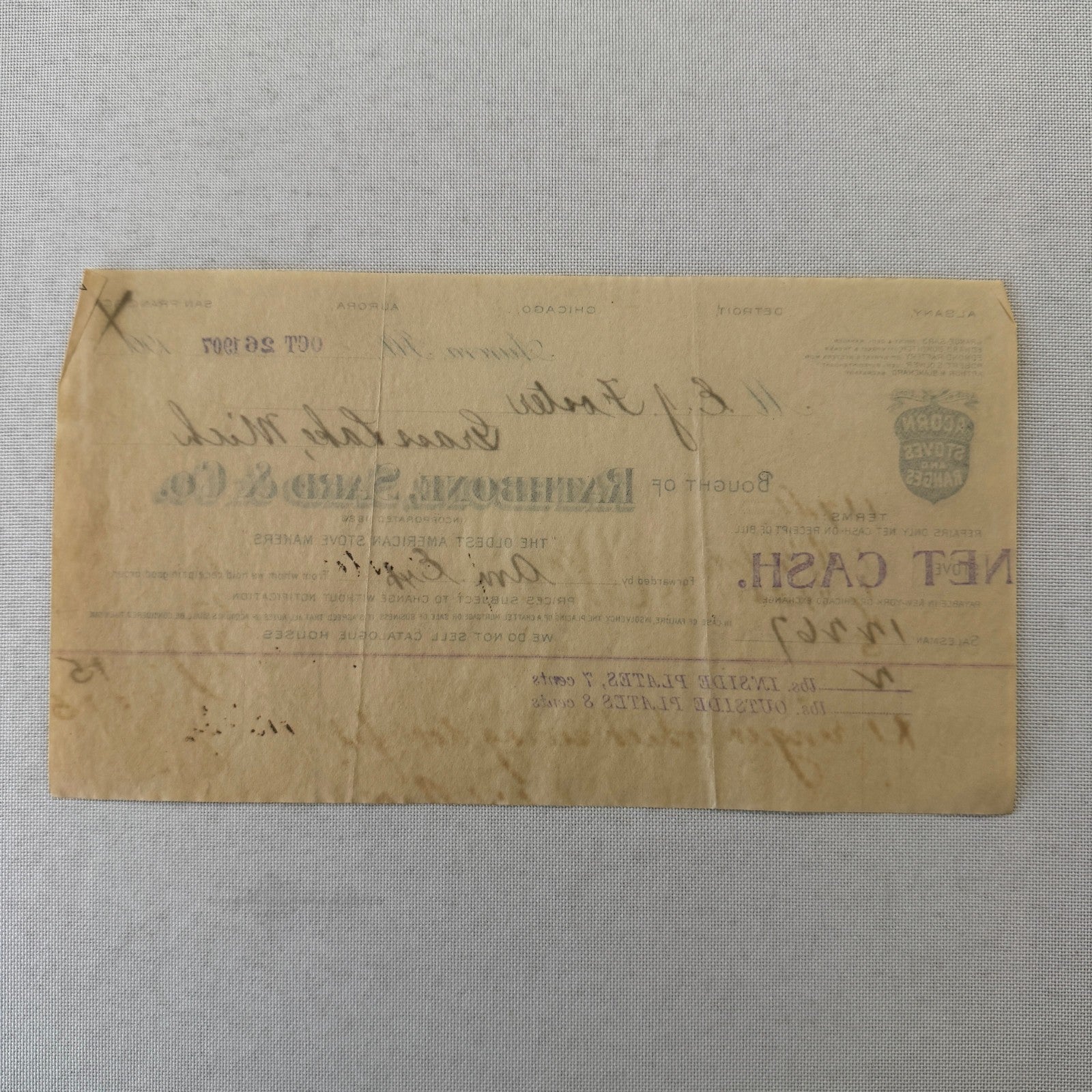 Rathbone Sard and Company Acorn Stoves and Ranges Receipt Invoice Document 1907