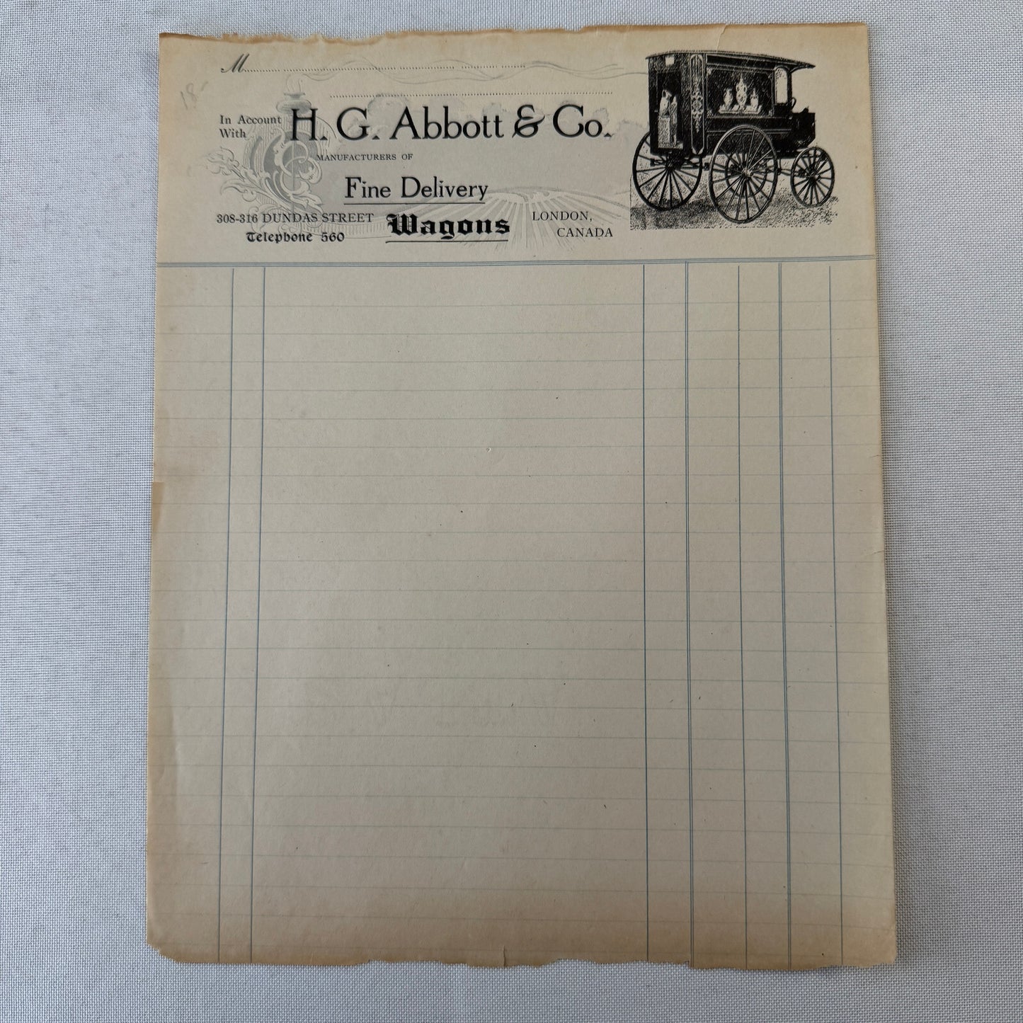 Antique HG Abbott & Co Delivery Wagon Invoice Document Ledger London Ontario