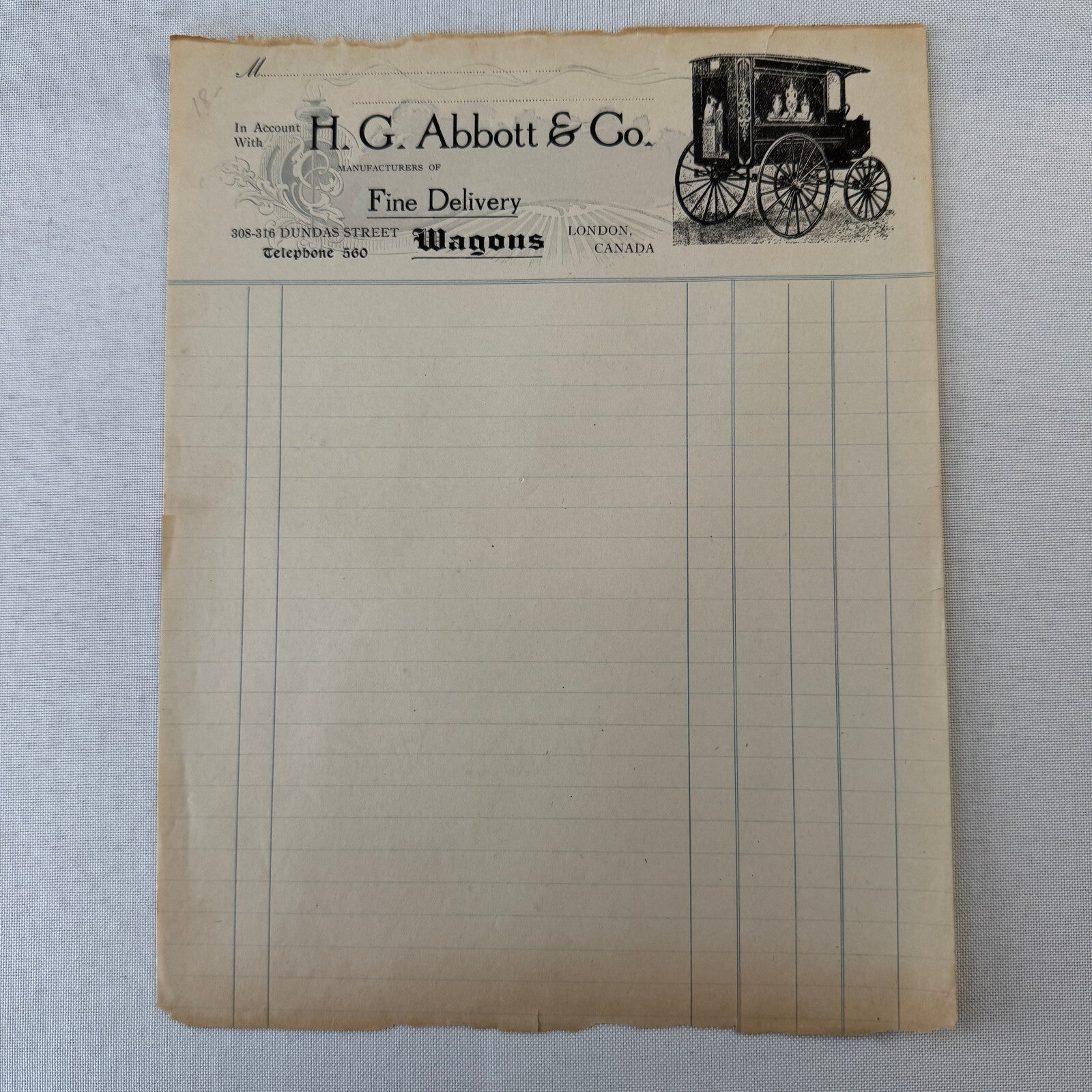 Antique HG Abbott & Co Delivery Wagon Invoice Document Ledger London Ontario