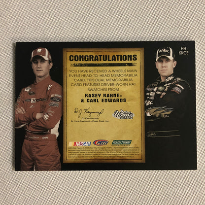 2010 Wheels Head to Head Hat Relic Card Kasey Kahne Carl Edwards #/150