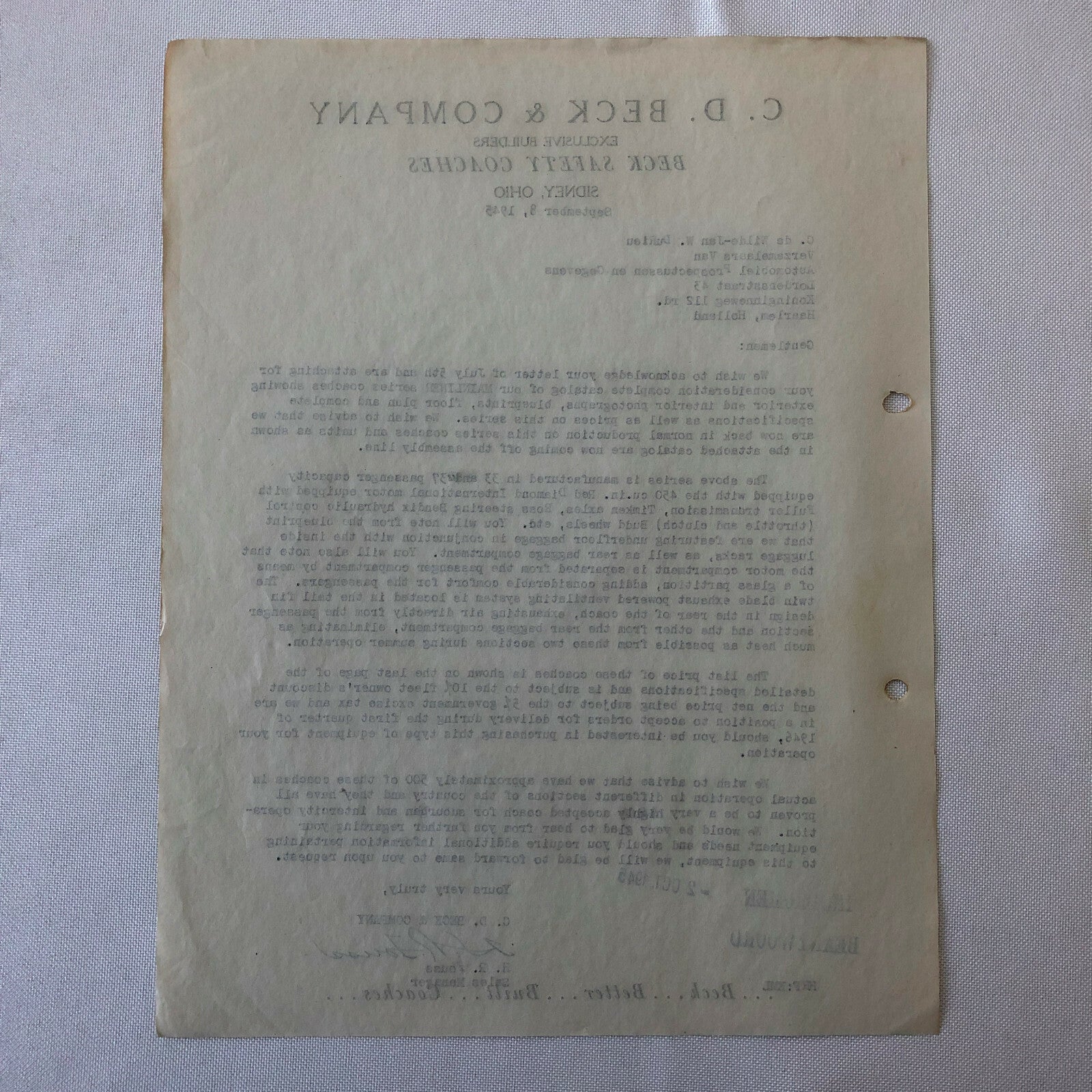 1945 CD Beck Company Safety Coach Bus Letter Letterhead Document Mainliner +