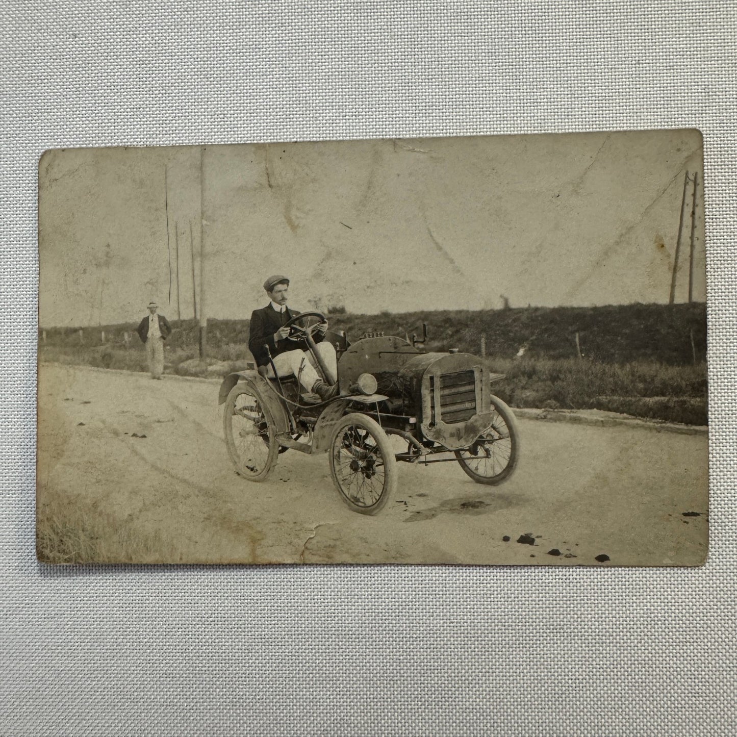 Vintage Real Photo Postcard RPPC Man with Early Automobile Car Vehicle French
