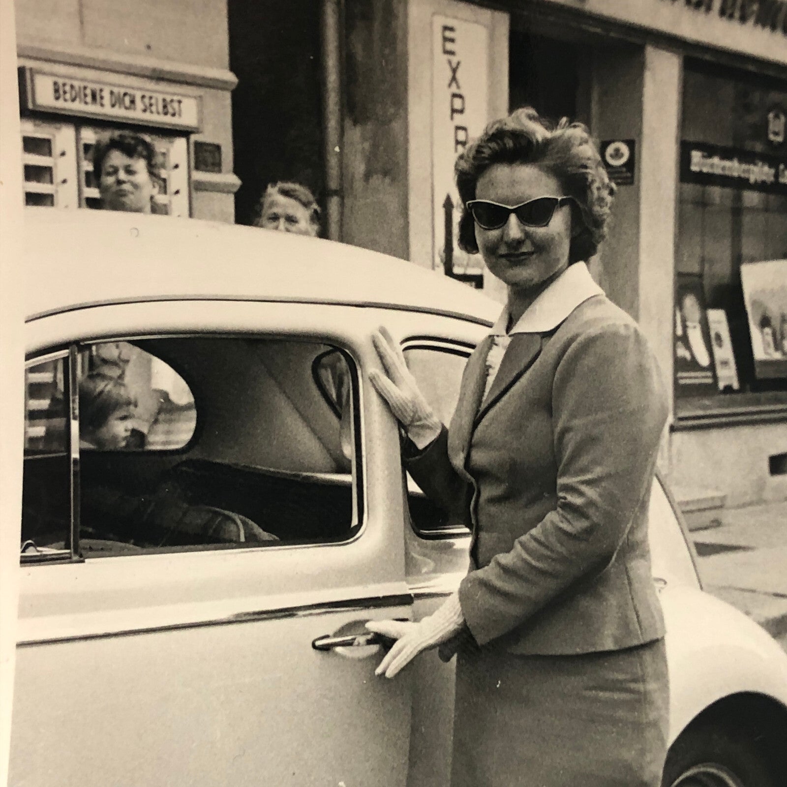 Vintage Photo Photograph Snapshot Woman with VW Volkswagen Beetle Bug Car