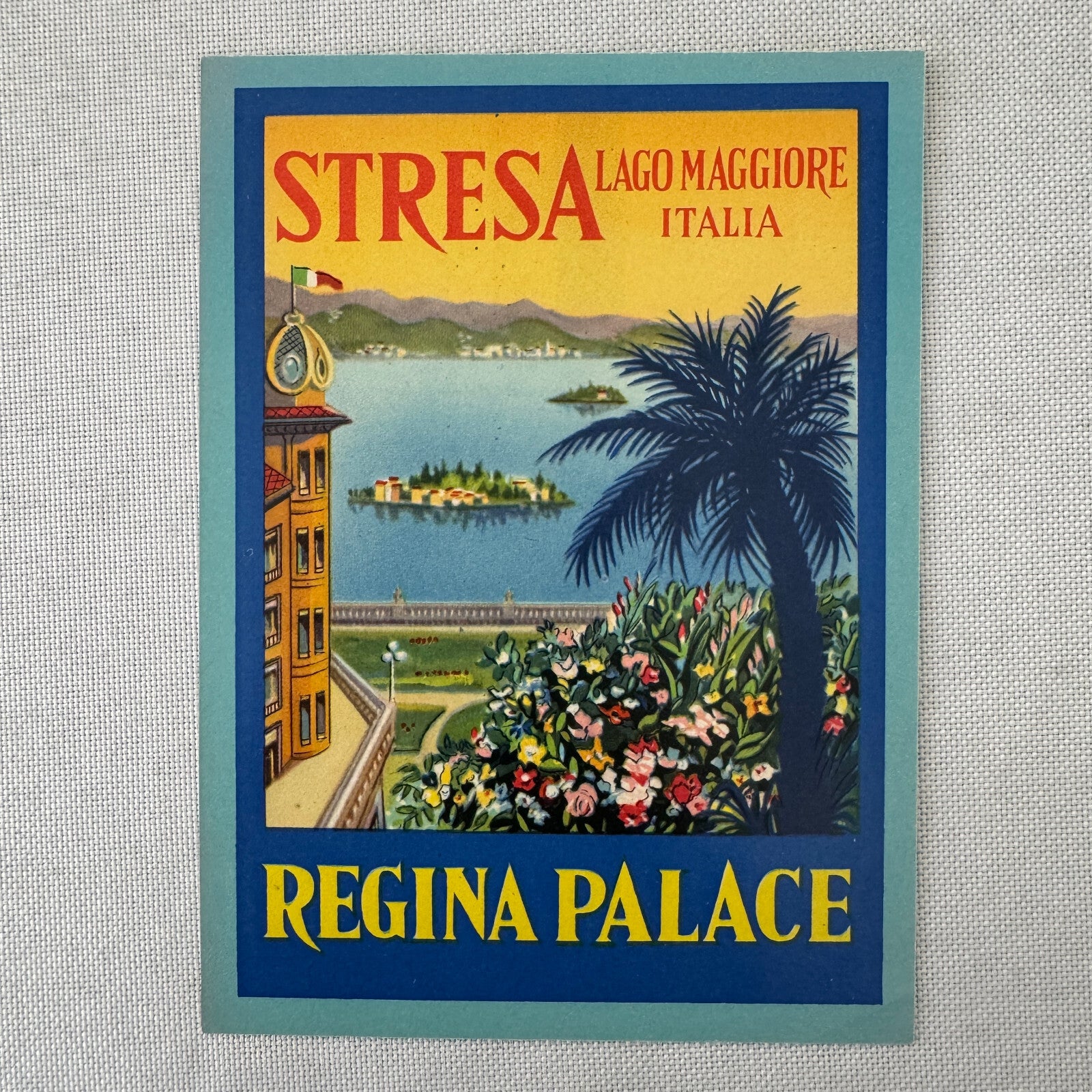 Vintage Hotel Travel Luggage Label Regina Palace Stresa Lago Maggiore Italy