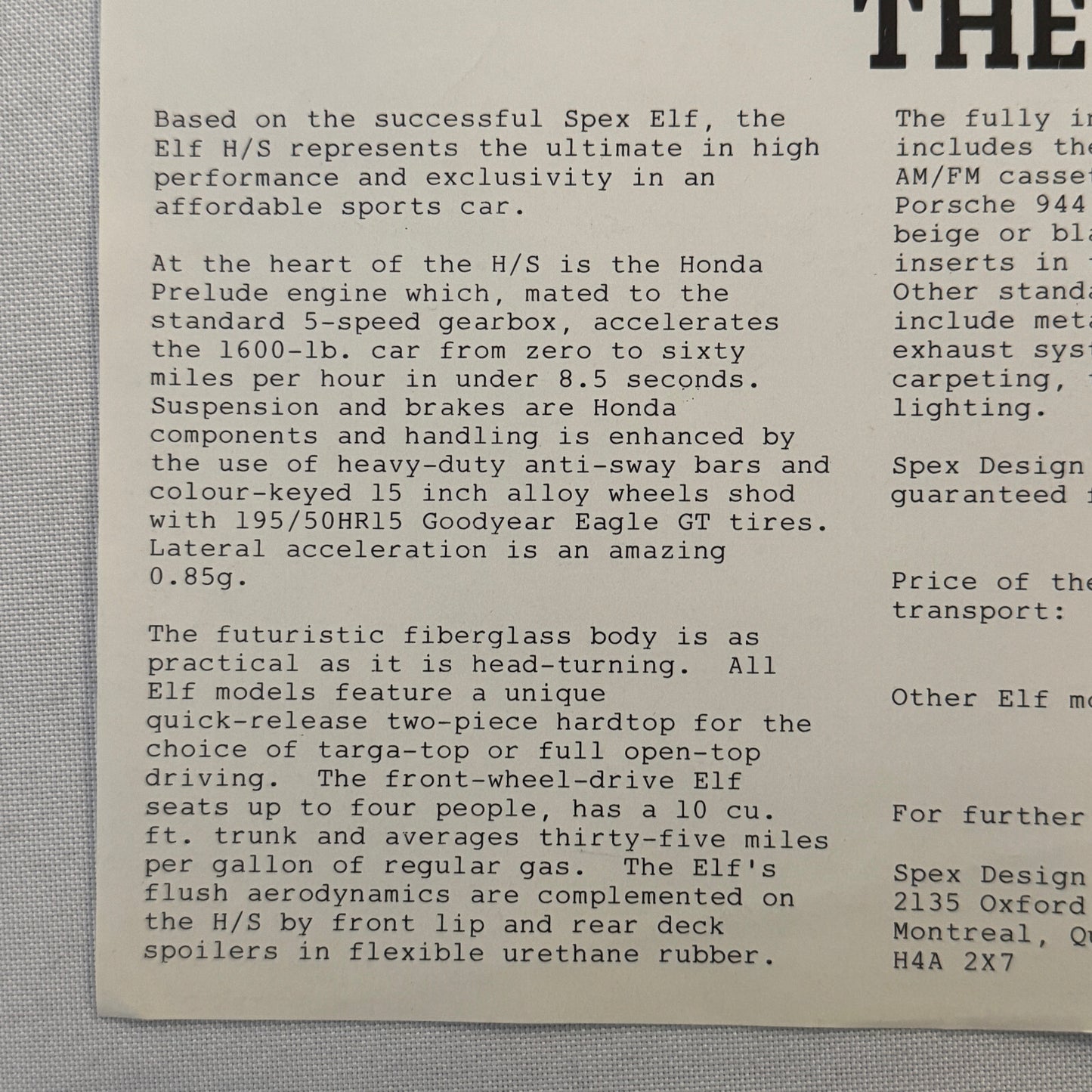 Spex Design Inc ELF HS Convertible Car Sales Sheet Brochure Advertising