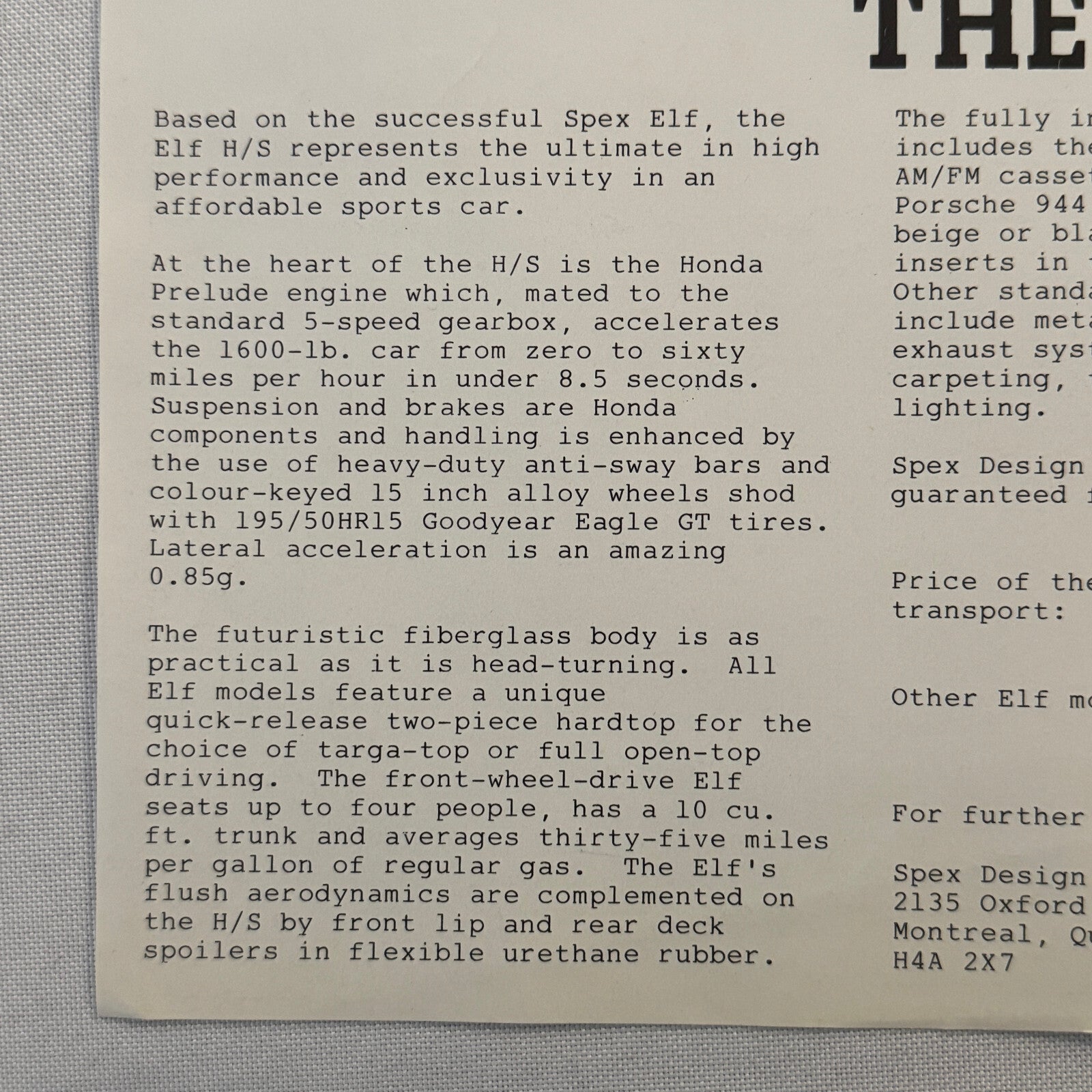 Spex Design Inc ELF HS Convertible Car Sales Sheet Brochure Advertising