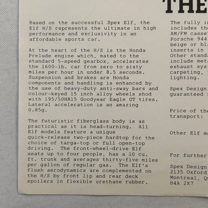 Spex Design Inc ELF HS Convertible Car Sales Sheet Brochure Advertising