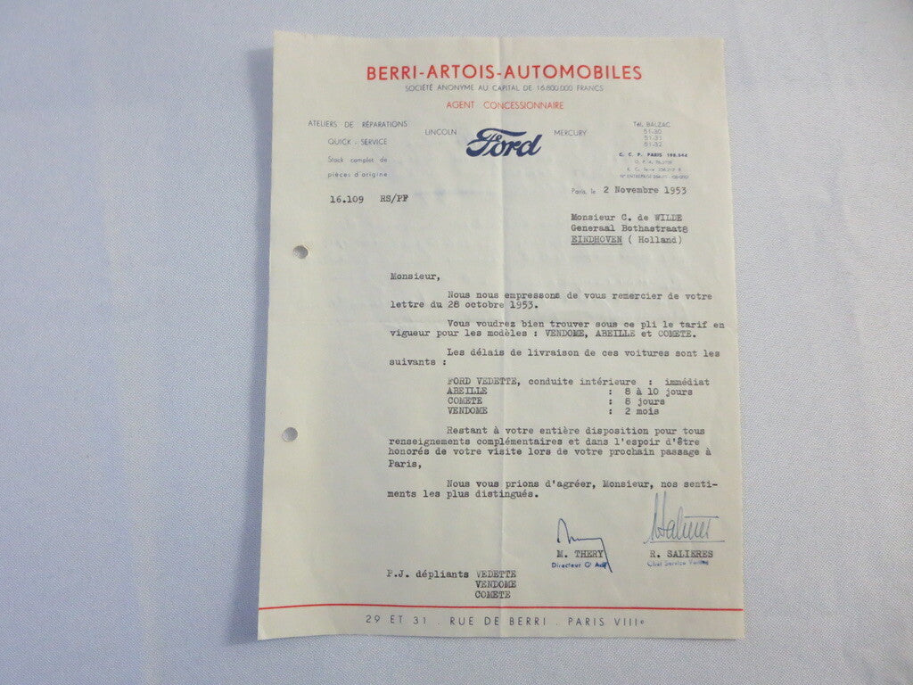 1953 French Ford Dealer Dealership Letter Letterhead Document Car - Berri Artois