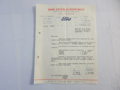 1953 French Ford Dealer Dealership Letter Letterhead Document Car - Berri Artois