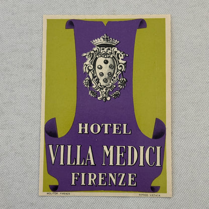 Vintage Hotel Travel Label Hotel Villa Medici Firenze Florence Italy Italian