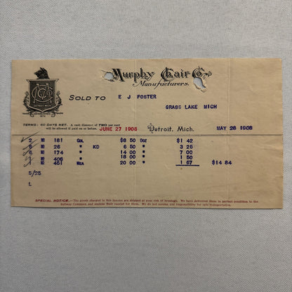 Murphy Chair Company Detroit Michigan Receipt Document Letterhead 1908 Lot 2x